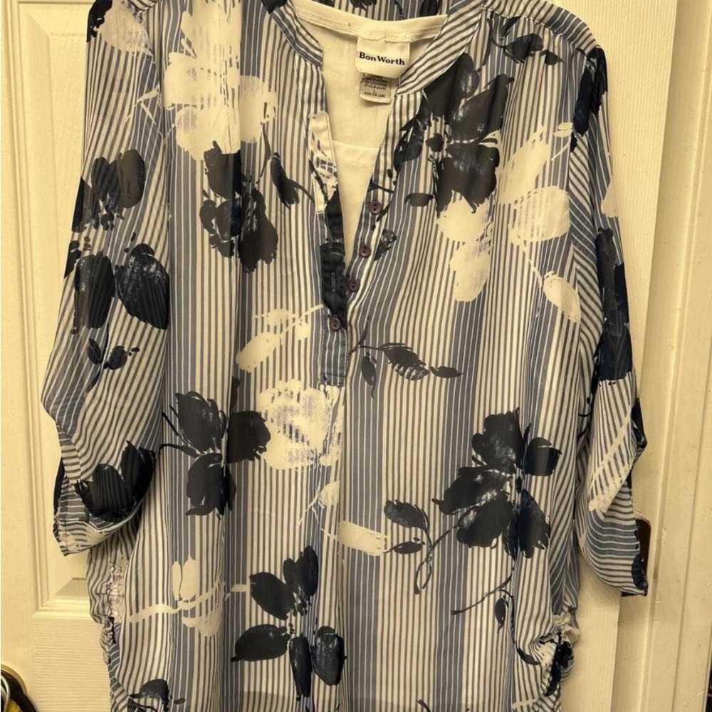Bon Worth Women's 2 for 1 Floral Striped Top - Navy and White